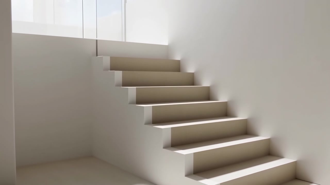 Sunlit Minimalist Staircase Interior With Clean Steps Bathed In Soft Morning Light Casting Geometric Shadows,