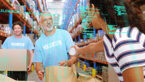 animation of data processing over diverse people working in warehouse