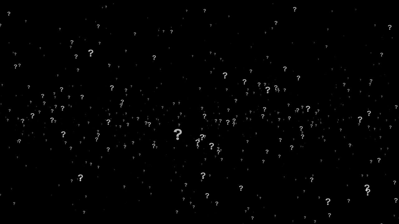 Animation of questions floating around randomly, against a black background. 4K