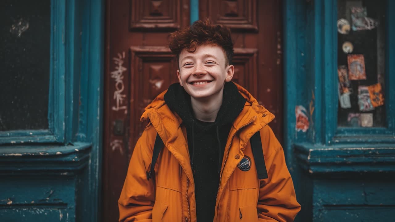 Un adolescente allegro con una giacca arancione vivace sta in piedi davanti a una porta blu colorata, irradiando felicità e gioia in una vivace scena urbana