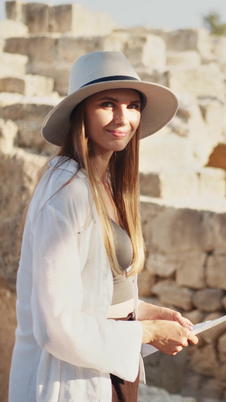 Una donna con una camicia bianca e un cappello esplora antiche rovine, toccando le pareti e i gradini di pietra consumati dal tempo.