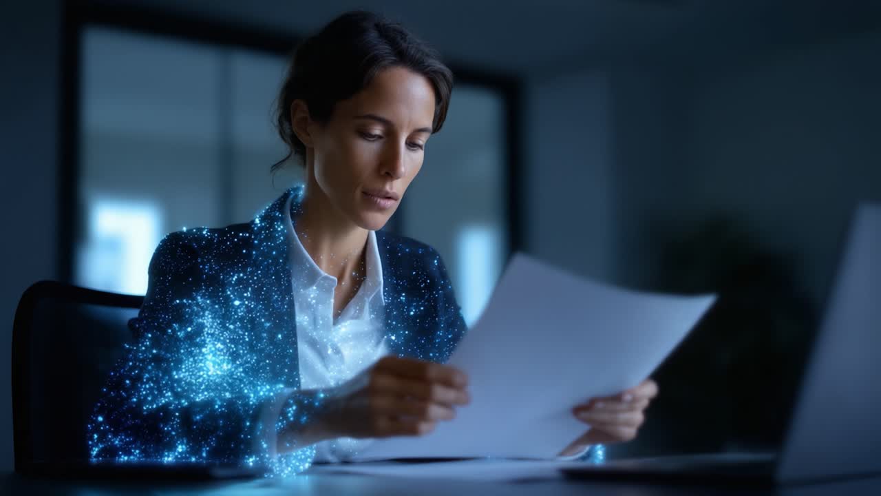 A focused professional examining glowing documents in a dimly lit office, highlighting the intersection of technology and productivity in the modern workspace