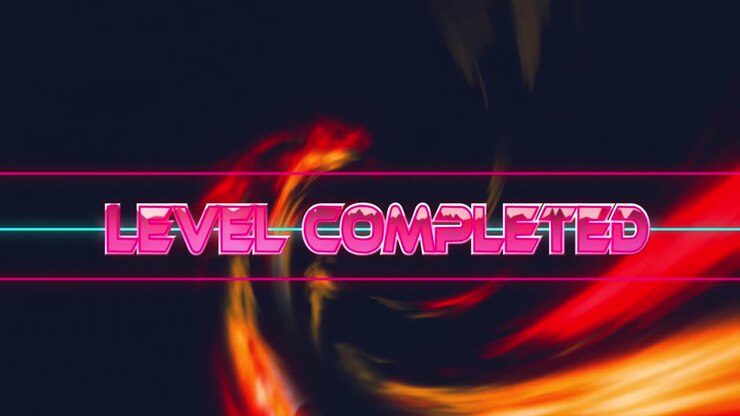 Animazione del testo "livello completato" su forme al neon su sfondo nero