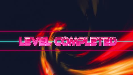 Animation-of-level-completed-text-over-neon-shapes-on-black-background