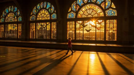 a child standing in awe beneath vibrant stained glass windows as the sun sets, casting beautiful shadows across the floor of the historic hall