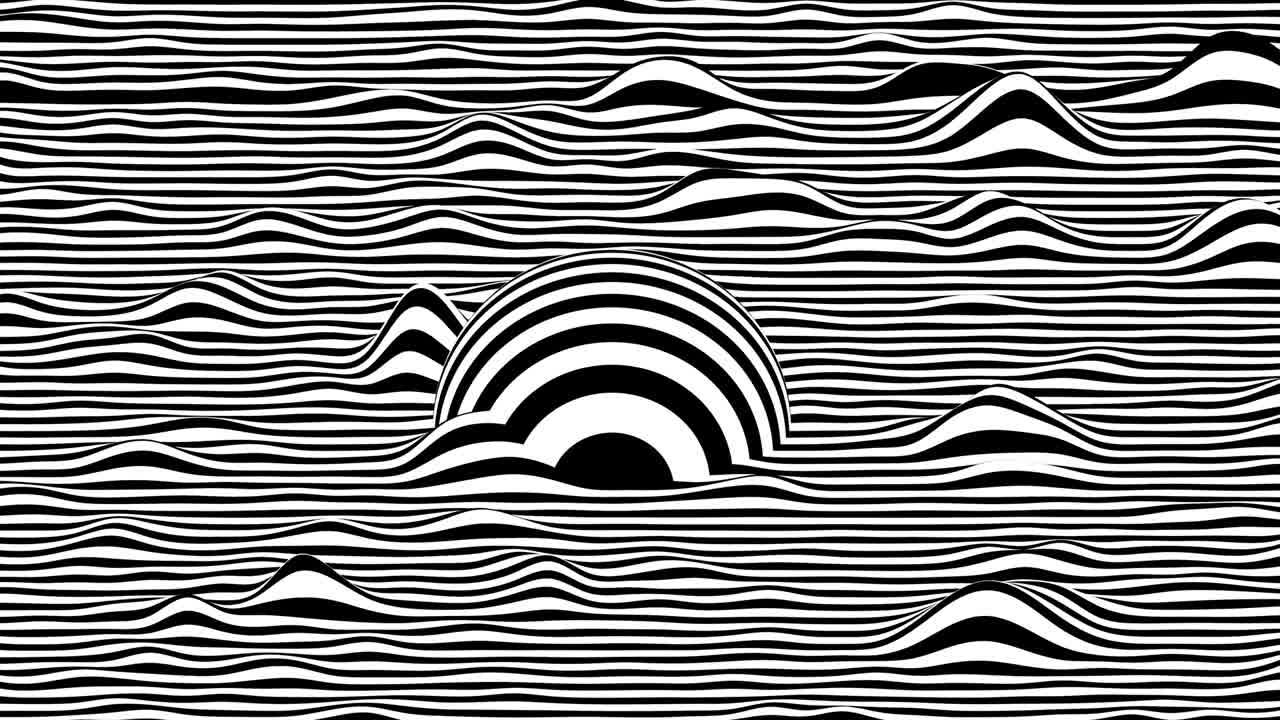 검은색과 색의 줄무가 흔들리는 표면, 그 위에 움직이는 구 모양, 현대적인 배경 루프 애니메이션, 수평, 3d 렌더링.