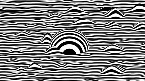 black and white stripes waving surface with moving sphere shape on top of it. modern background loop animation, horizontal. 3d rendering.