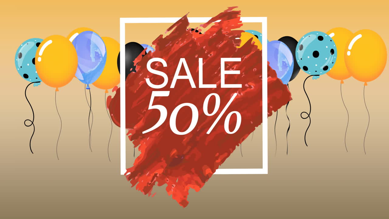 animación de la venta 50 por ciento de texto sobre mancha roja y globos sobre fondo naranja