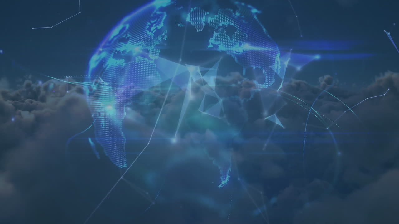 Animation of network of connections with globe over clouds in background