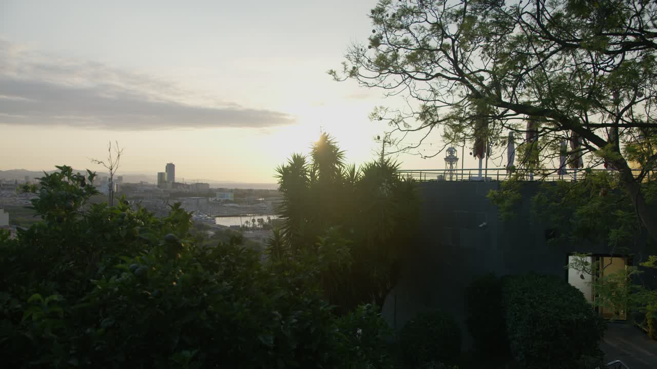 vista de la cornisa del café, barcelona españa horizonte de la ciudad con el amanecer dorado en 6k mientras los pájaros vuelan