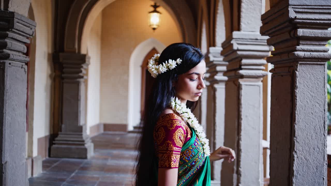 Young Indian woman dressed in traditional attire, adorned with jasmine flowers, standing gracefully in a temple hallway surrounded by elegant columns and arches, exuding serenity and beauty