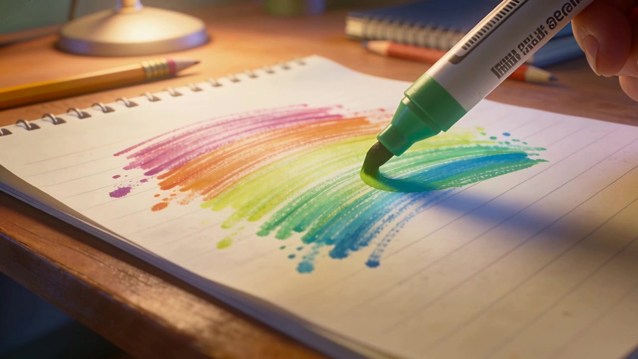 Pressing green marker right hand blending rainbow strokes on spiral pad at desk, making green oval