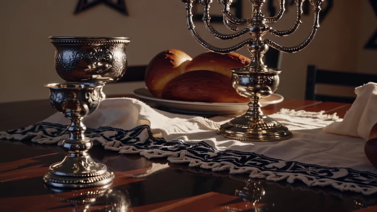Warme, einladende Szene eines Tisches mit einem Silberbecher und Brot, aus einer niedrigen Perspektive aufgenommen.