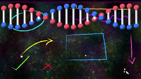 DNA-Struktur,-Die-Sich-Vor-Farbenfrohen-Abstrakten-Formen-Und-Partikeln-Auf-Schwarzem-Hintergrund-Dreht