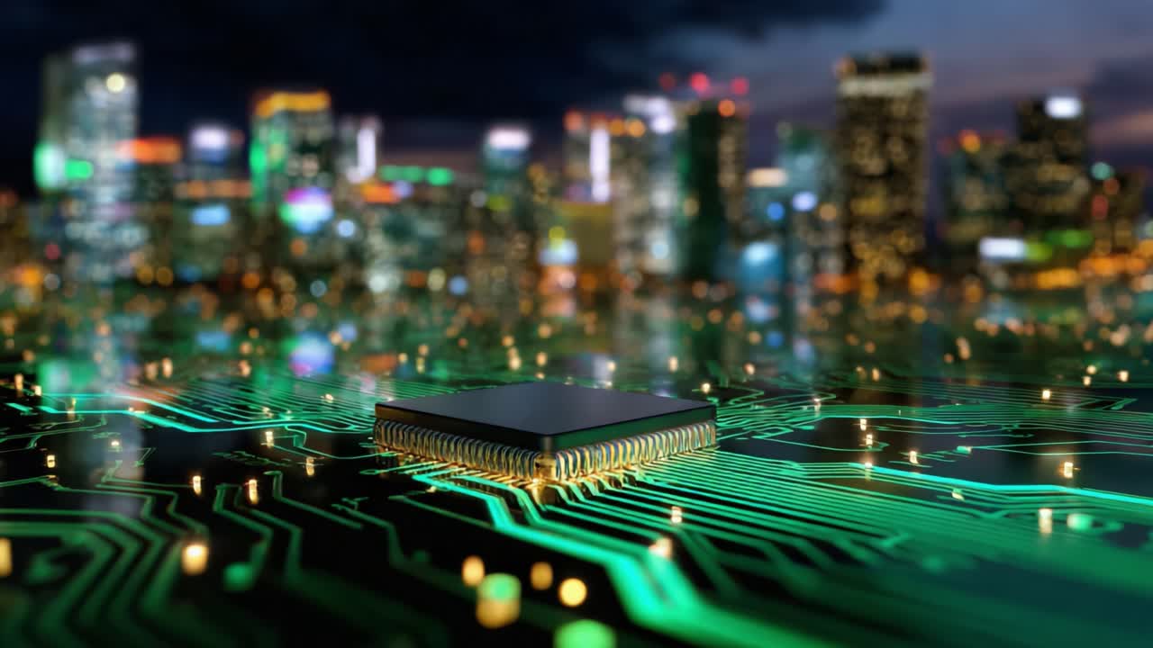 Futuristic Circuit Board with Microprocessor Set Against a Vibrant City Skyline, Illuminated by Night Lights and High-Precision LED Effects, Illustrating Technology and Urban Development