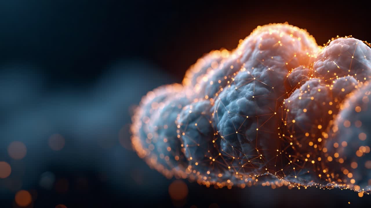 En imponerende visualisering af en Cloud med levende orange belysning og detaljeret partikeltekstur, der fremhæver skønheden i naturlige og digitale elementer kombineret