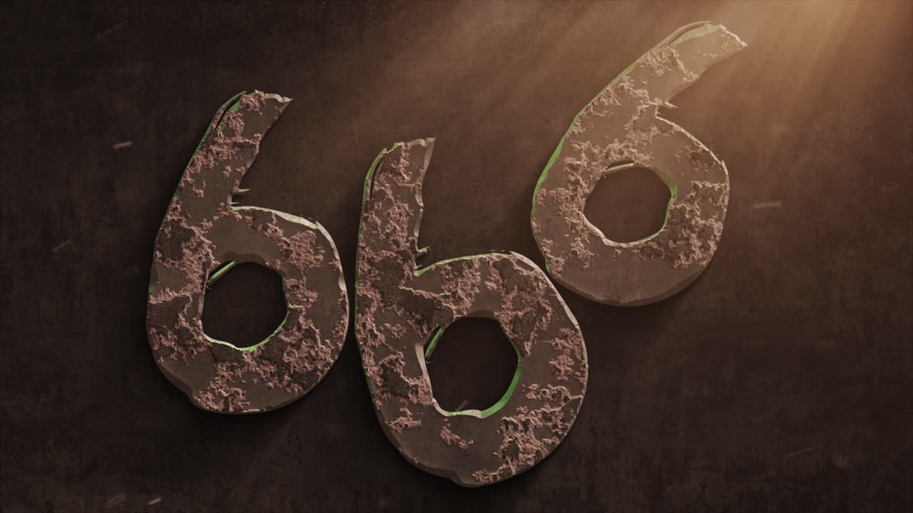 악마의 666 기호의 고품질 극적인 동작 그래픽, 따뜻한 대기 광선 및 먼지 모트로 빠르게 침식되고 녹슬고 부패합니다.