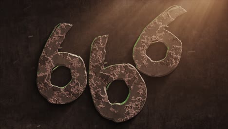 high quality dramatic motion graphic of the devil's 666 symbol, rapidly eroding and rusting and decaying, with warm atmospheric light rays and dust motes