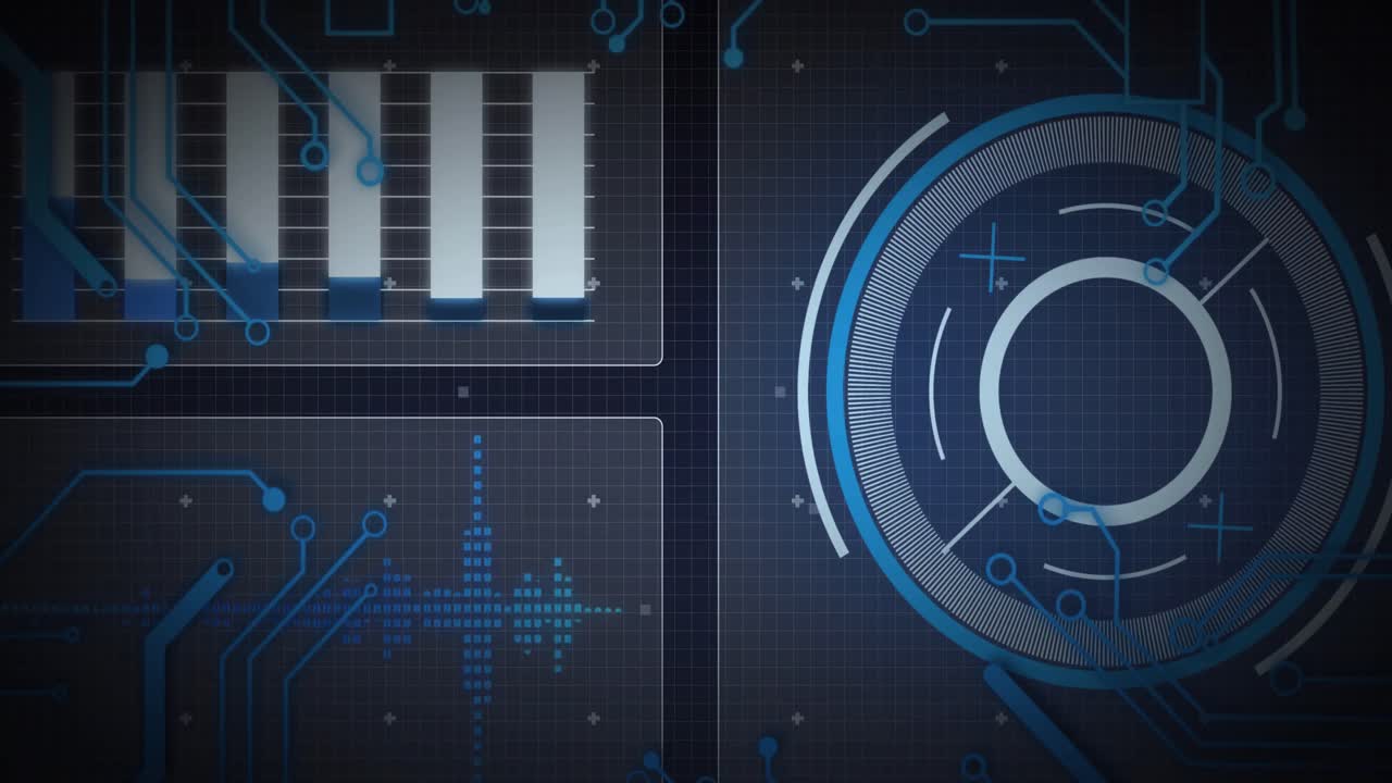 Animation of scope scanning and data processing on screens over grid on blue background