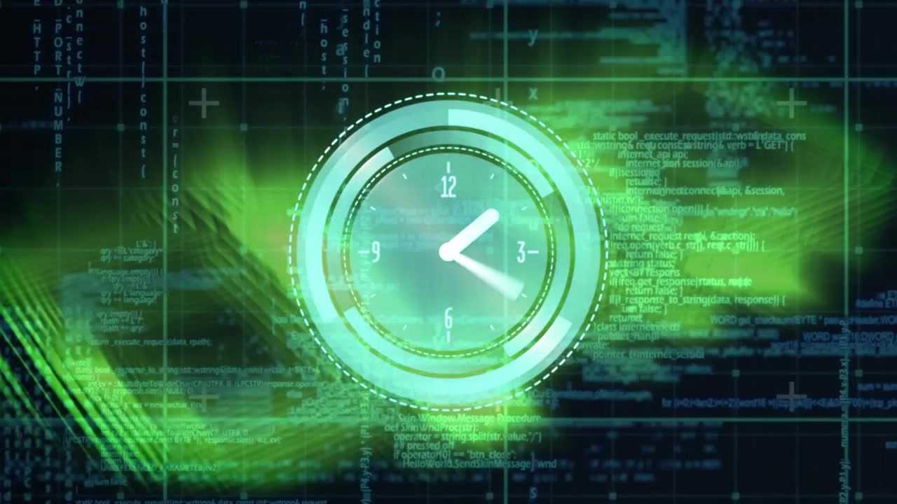 Green aurora sweeping behind clock HUD rings appearing hands rotating code scrolling showing status