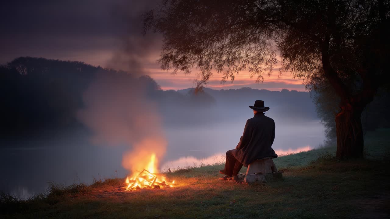 A Serene Evening by the Lakeside: A Man Contemplates Life Next to a Warm Fire Under the Gentle Glow of Dusk and Soft Ambience of Nature
