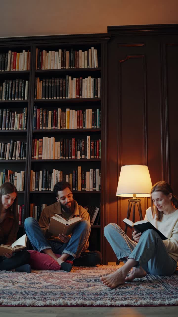 Cozy library scene with friends reading on the floor, captured from a low angle