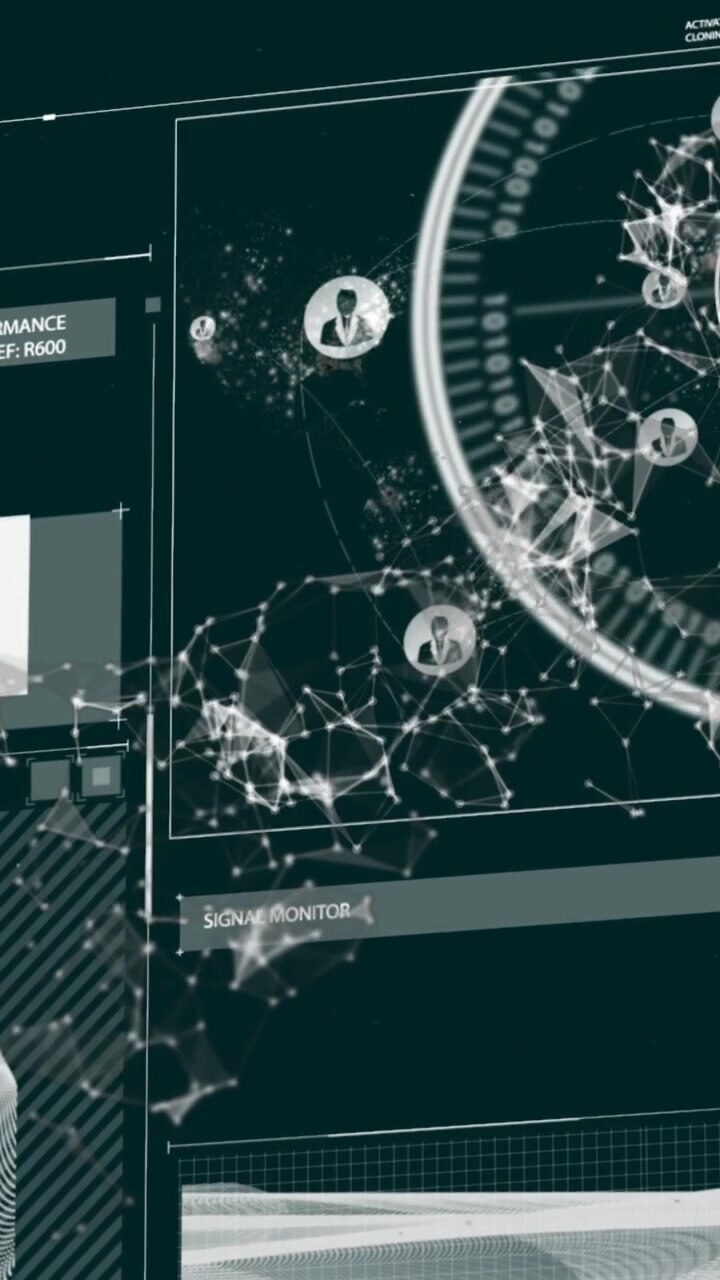 Animation of interface with data processing over spinning dna structure against black background