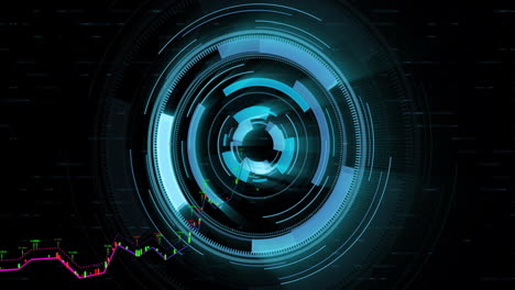animation of futuristic digital interface with circular patterns and financial graph