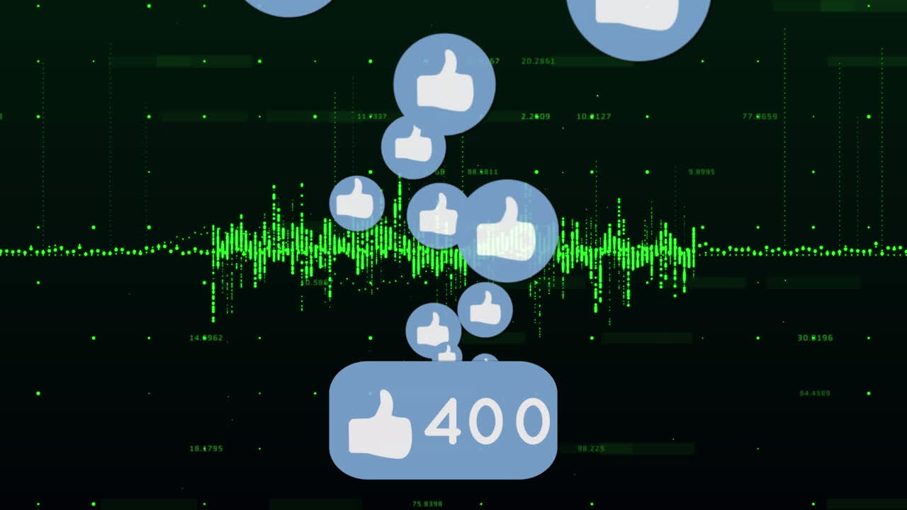 검은색 배경의 다양한 데이터에 대한 소셜 미디어 반응의 애니메이션