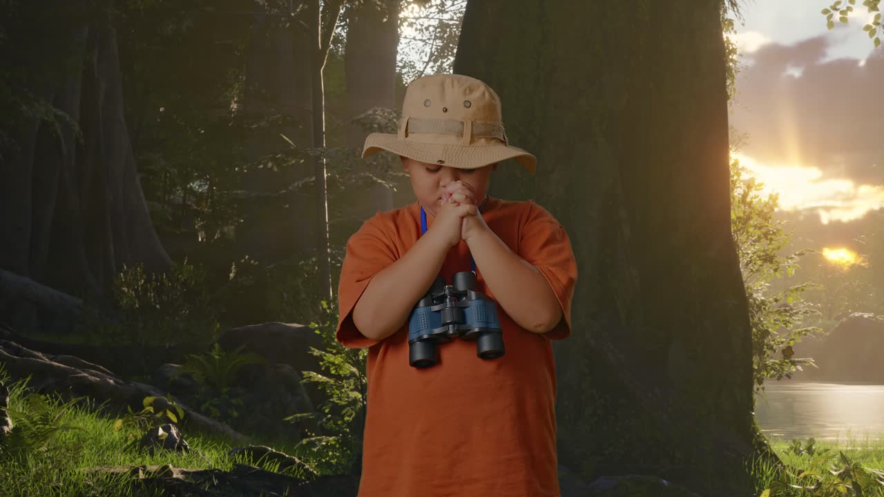 niño asiático con un sombrero y binoculares orando por algo mientras explora la naturaleza forestal. niño investigador examina algo, concepto de aventura de turismo de viaje