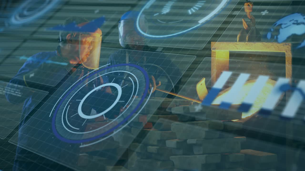 Techs entering foundry securing ladle pouring molten metal into casting mold with guiding holograms