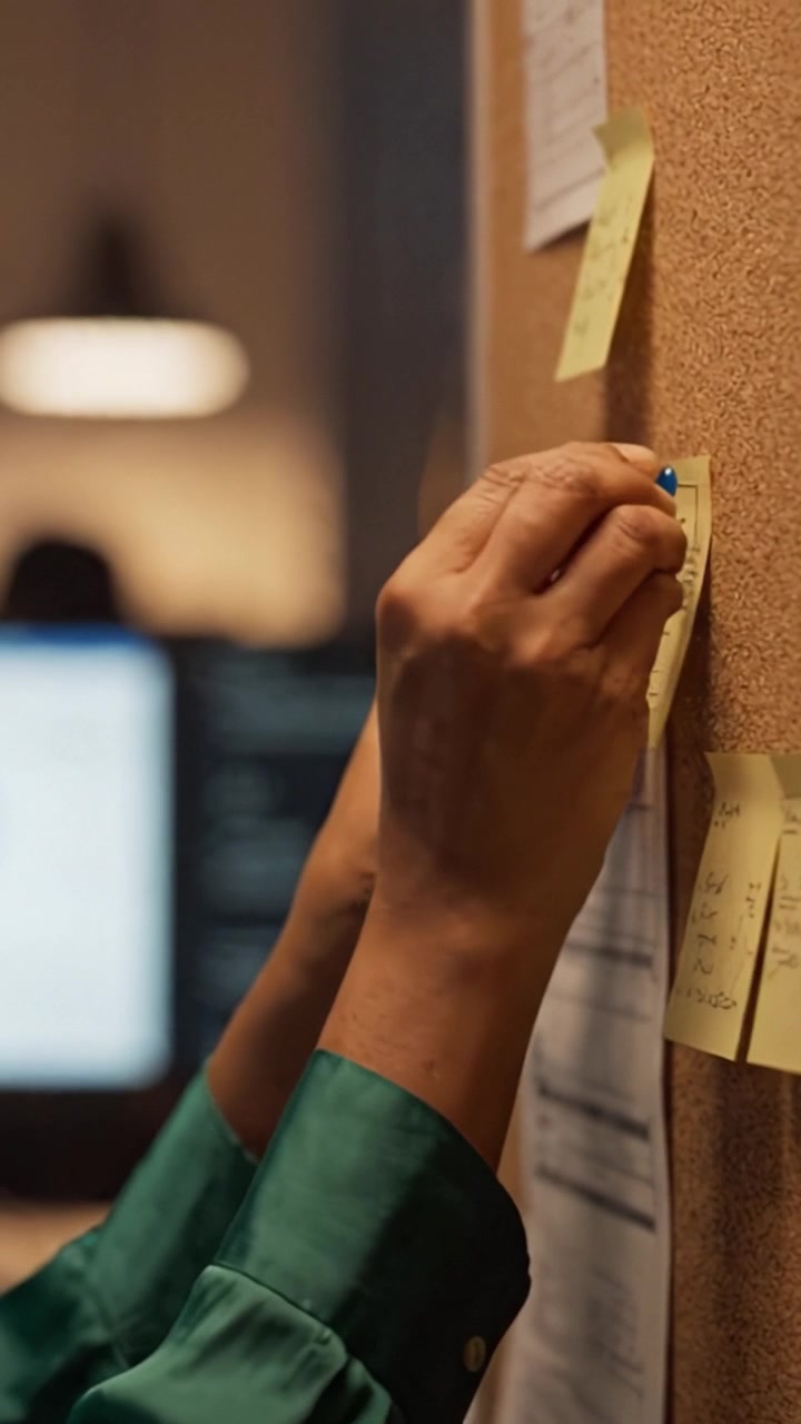 Individuo concentrato che organizza collaborativamente le attività con post-it su una bacheca in un ambiente di lavoro moderno per una maggiore produttività e chiarezza.