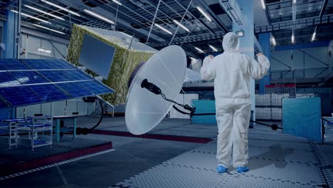 full body back view of asian male scientist celebrating the succeed while standing with spacecraft construction