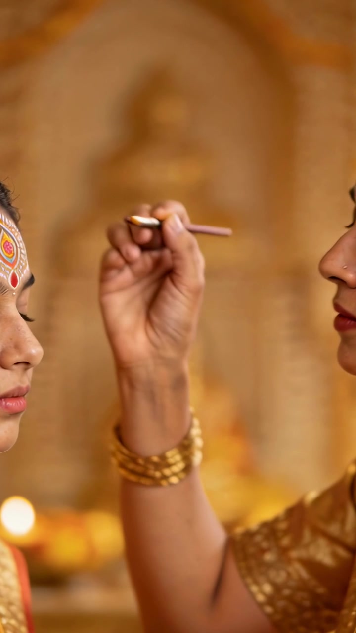 Video vertical: Madre con un pincel aplicando tilak para un ritual en un santuario, con sari dorado y espacio para texto.