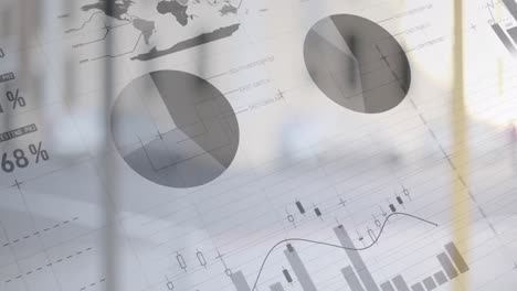 animation of financial data processing with arrows over city