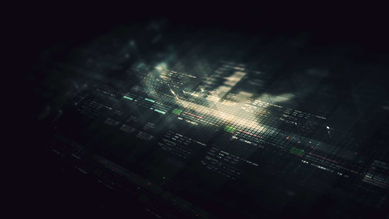 Futuristic data matrix simulation featuring metaverse-inspired elements, an information network, and hi-tech digital data telemetry with encrypted numbers. A dynamic background for computer display