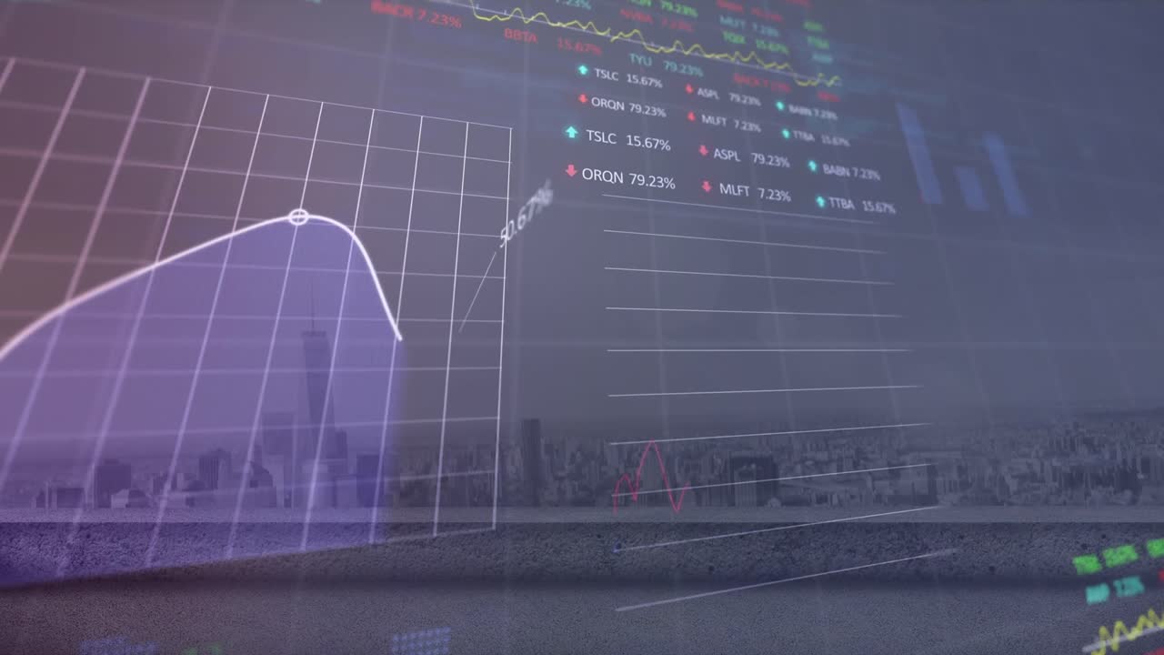 animación del mercado de valores y procesamiento de datos estadísticos frente a una vista aérea del paisaje urbano.