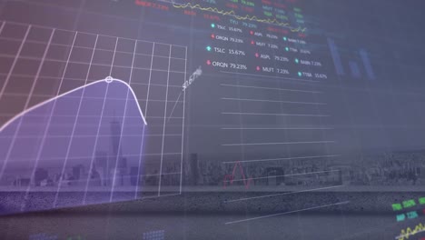 Animation-of-stock-market-and-statistical-data-processing-against-aerial-view-of-cityscape