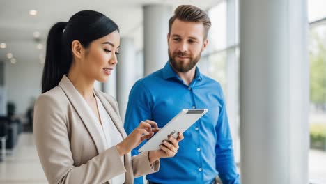 engaged professionals collaborating in a modern workspace, showcasing digital interaction and communication through a tablet in a bright, contemporary environment
