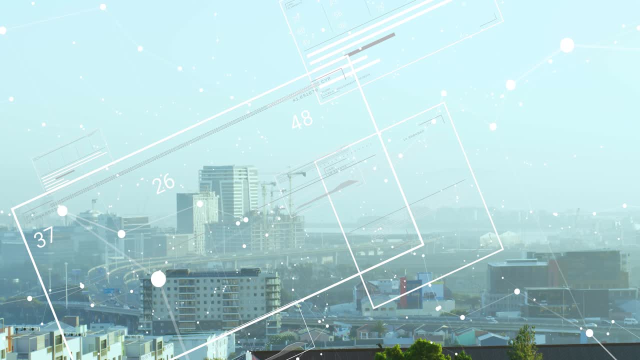 dots drifting starting HUD panels appearing right, overlaying skyline with tilted grid showing data