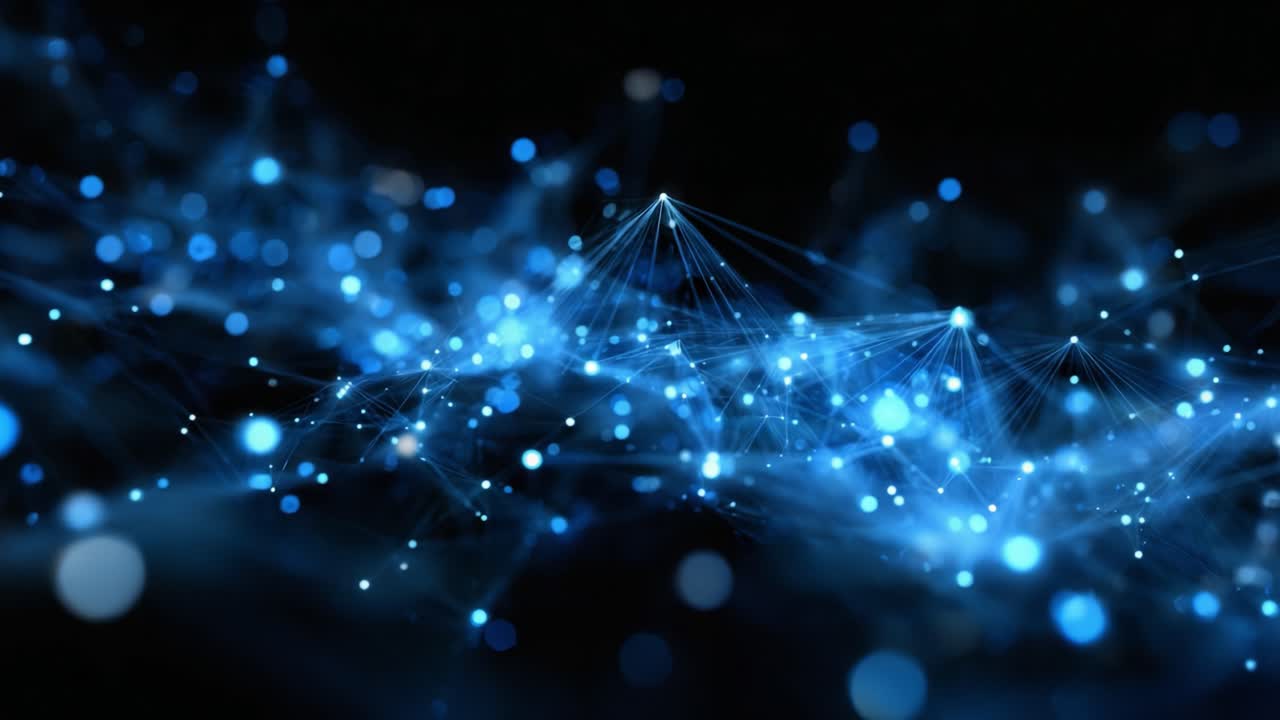 Stunning Abstract Representation of Digital Connectivity: An Exploration of Blue Lights and Particle Networks in a Dark Background