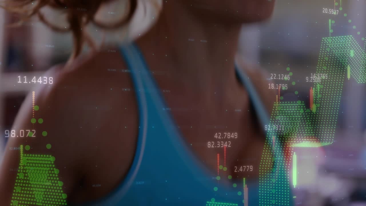 Female athlete adjusting sports bra and gripping handle, causing fitness charts tracking effort