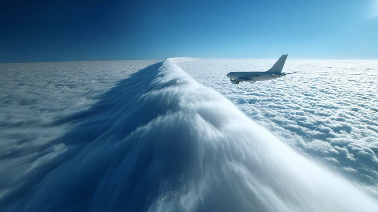 Majestic Air Travel Above the Clouds: An Airplane Navigating a Stunning Layer of Fluffy Clouds in the Sky, Capturing the Beauty of Aviation and Atmospheric Phenomena