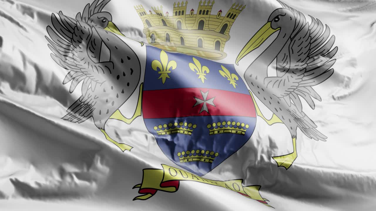 세인트 바르텔레미의 발이 바람에 흔들리고, 세인트 바르톨레미의 배너가 바람에 휘어지고, 배경이 완전히 가득 차 있고, 10초의 루프가 있습니다.