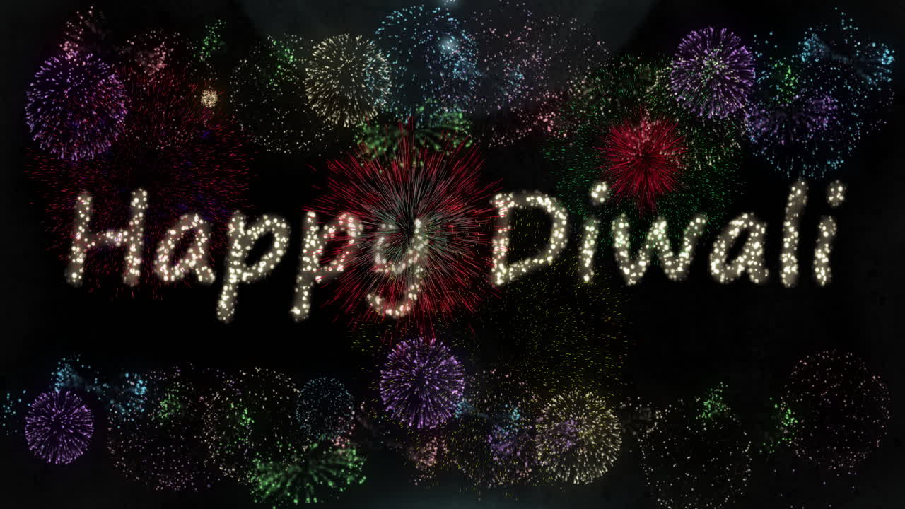 Happy Diwali text animation over colorful fireworks in night sky