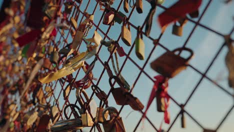 sunlit love locks and tattered ribbons dance on a metal fence, holding secrets of hearts
