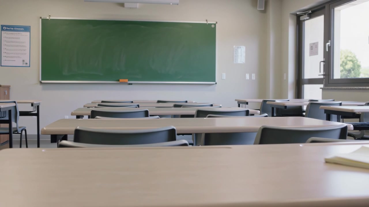 Una mano con manica corta entra nell'inquadratura, posizionando e sistemando un quaderno sulla reception di una scuola; spazio per il testo.