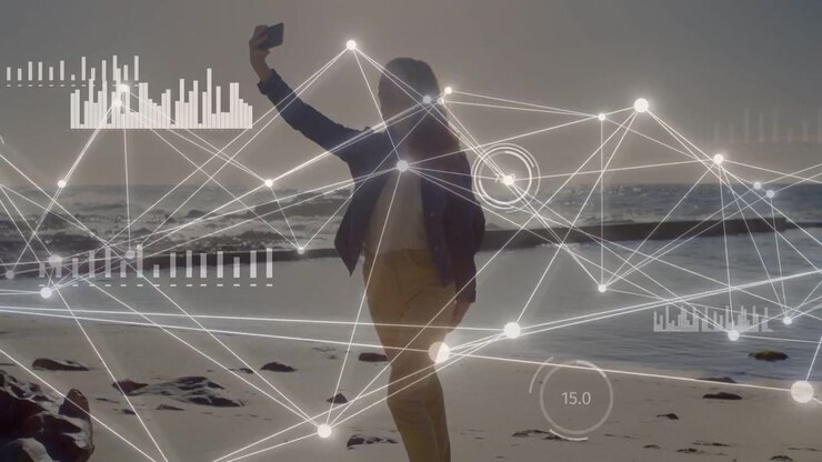 Woman walking shore pausing and raising phone starting tech network and chart overlays framing shot