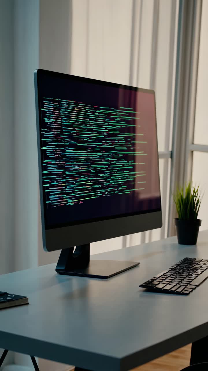 Side angle of a modern desktop displaying code, set in a minimalist office