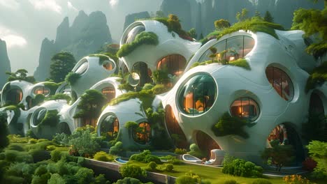 futuristic organic architecture blends with lush mountain landscape